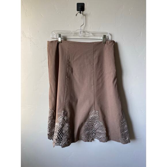 Spiral Brown Embroidered A-Line Cotton Blend Midi Skirt- Size Large - Picture 2 of 9